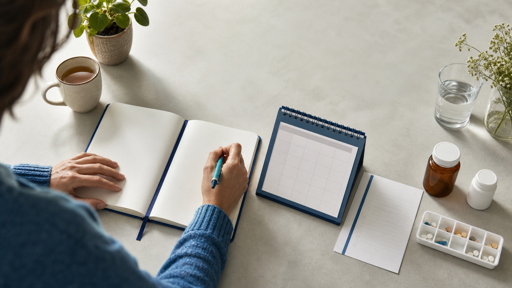 Un carnet et un calendrier préparés avant un rendez-vous médical